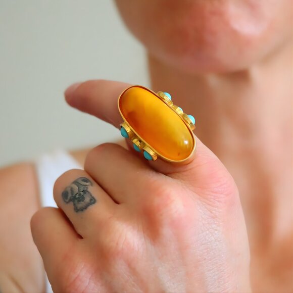 Baltic Amber and Turquoise Gold Ring- 14k Gold Plated Sterling Silver - Picture 9 of 9